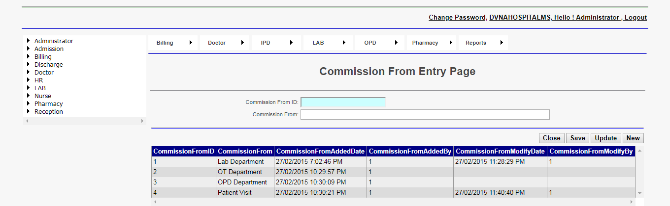DVNA Hospital Management Software Commission From Entry Page